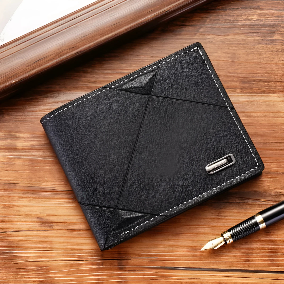 Men's three-fold PU leather wallet with multiple card slots in black, brown and dark coffee colours