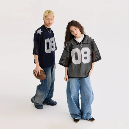 Black half sleeve loose fit shirt with white letter print, short sleeves, pullover style.