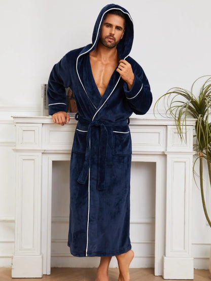 Men's long sleeve flannel bathrobe in light grey, dark blue, or black colours
