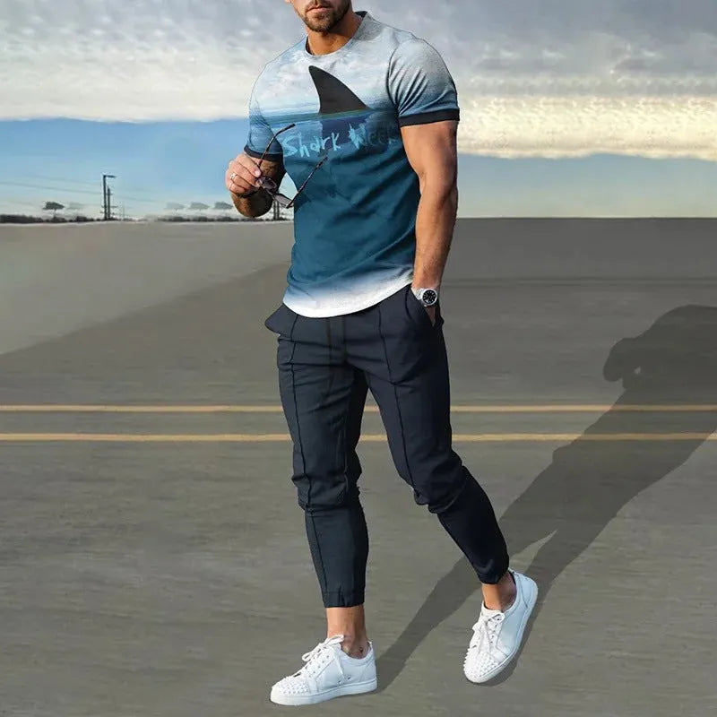 Men's printed short-sleeved pullover and trousers set in polyester blend fabric