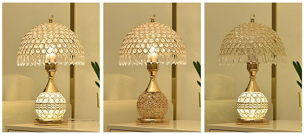 Gold crystal desk lamp with hand-cut facets and remote control on wooden surface