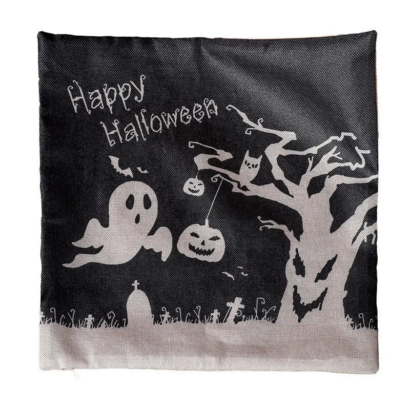 Halloween-themed square cloth pillowcase showing four design options: castle, ghost, pumpkin, and witch styles.