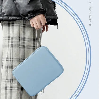 Imitation leather tablet protective case with handle in black colour showing fabric interior