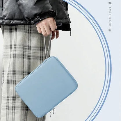 Imitation leather tablet protective case with handle in black colour showing fabric interior