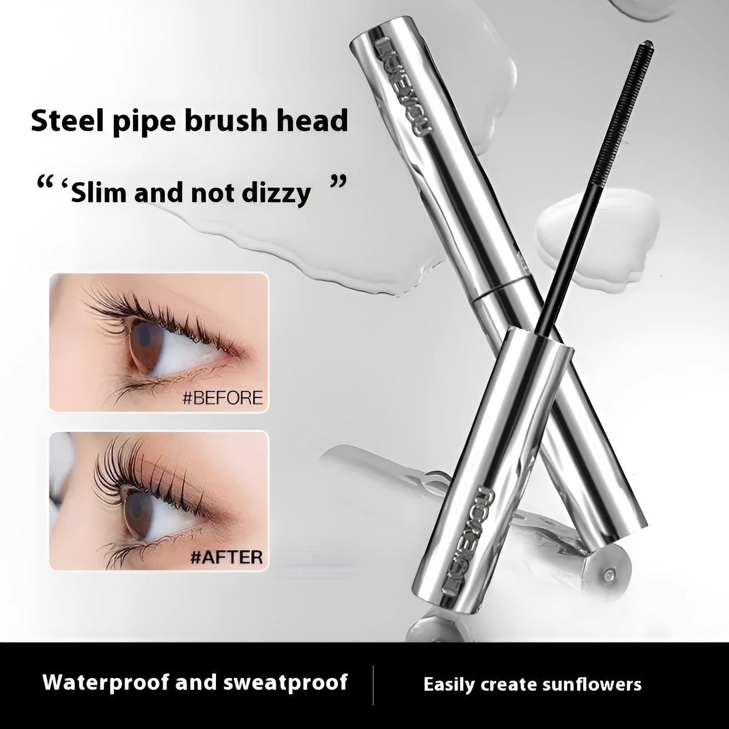 Waterproof steel tube mascara in black and brown shades with optional eyelash curler.