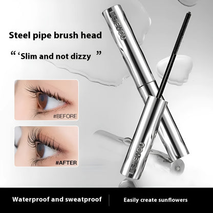 Waterproof steel tube mascara in black and brown shades with optional eyelash curler.