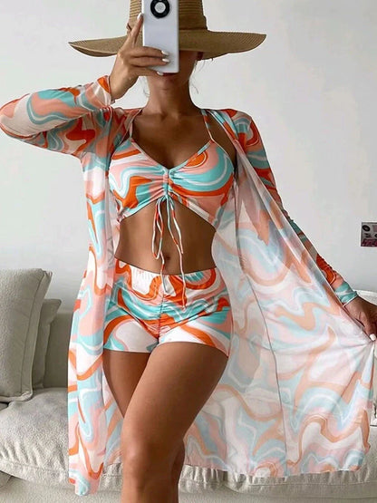 3-piece Pring bikini set with long sleeve cardigan in floral pattern
