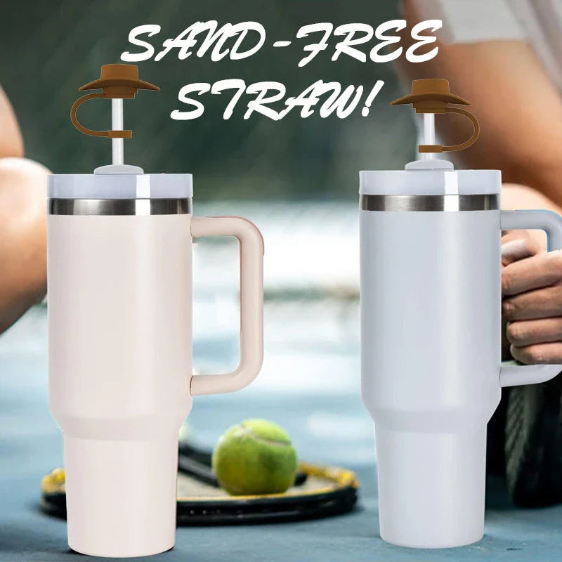 Stylish cowboy hat-shaped straw covers made of food-grade silicone in vibrant macaroon colors for protecting and decorating drinks