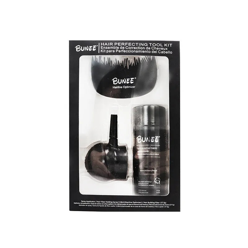 Boxed three-piece set of dense hair building fibre powder in nine colour options
