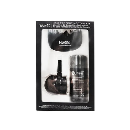 Boxed three-piece set of dense hair building fibre powder in nine colour options