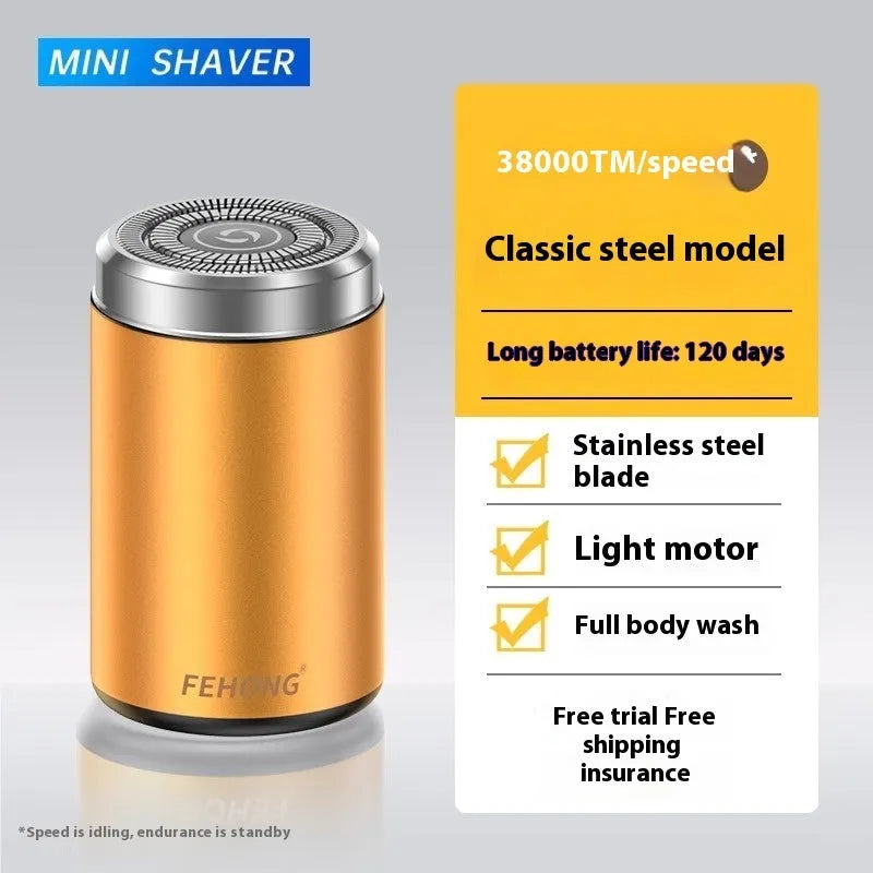 Mini gold and black men's electric shaver with washable design and low-noise brushless motor.