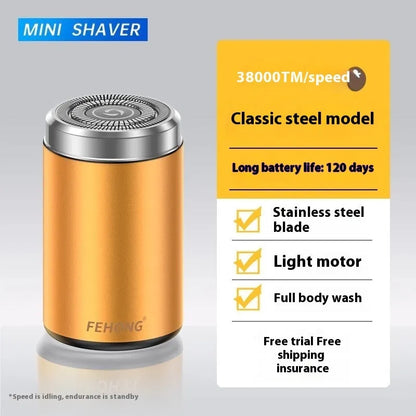 Mini gold and black men's electric shaver with washable design and low-noise brushless motor.