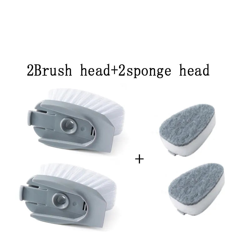 Long-handled 2-in-1 kitchen cleaning brush with removable brush head and integrated sponge
