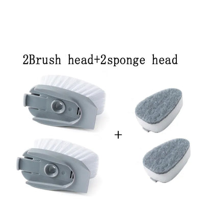Long-handled 2-in-1 kitchen cleaning brush with removable brush head and integrated sponge