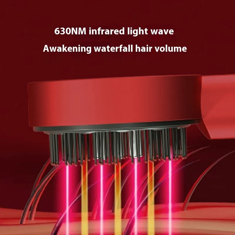 Black handheld plastic massage hair comb with red and blue lights on, showing teeth and Type-C charging port.