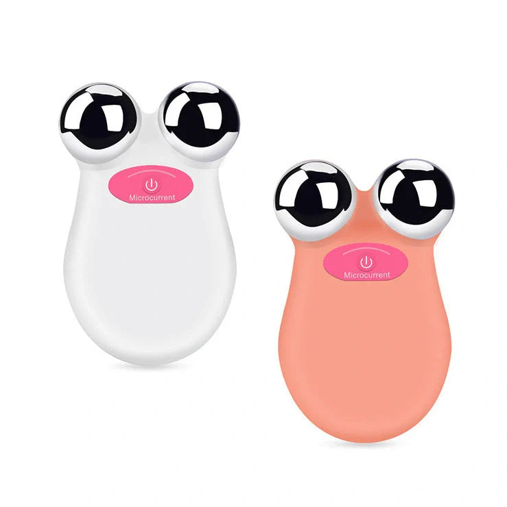 Micro current beauty instrument in orange and white colours showing facial treatment application