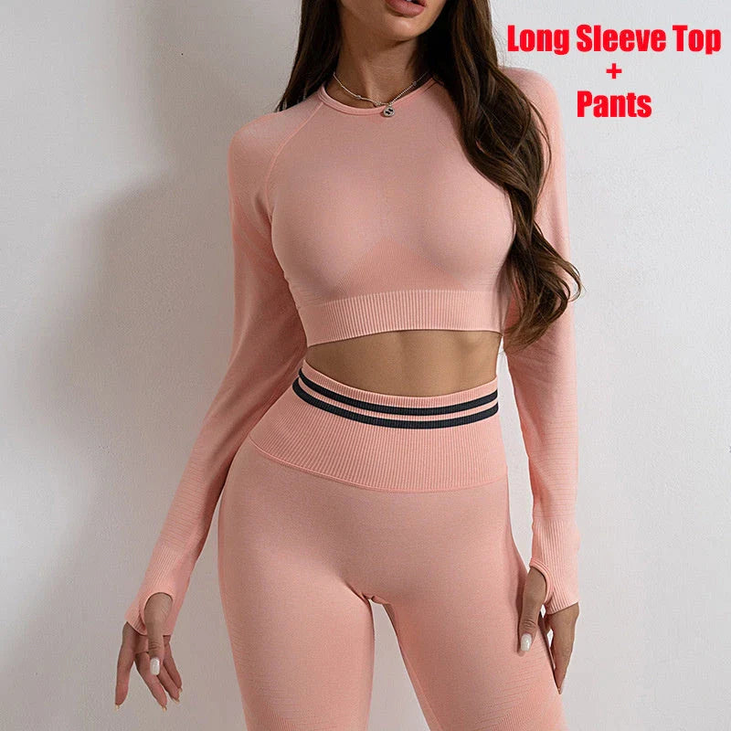 Seamless yoga leggings and long sleeve workout tops in various colors and styles