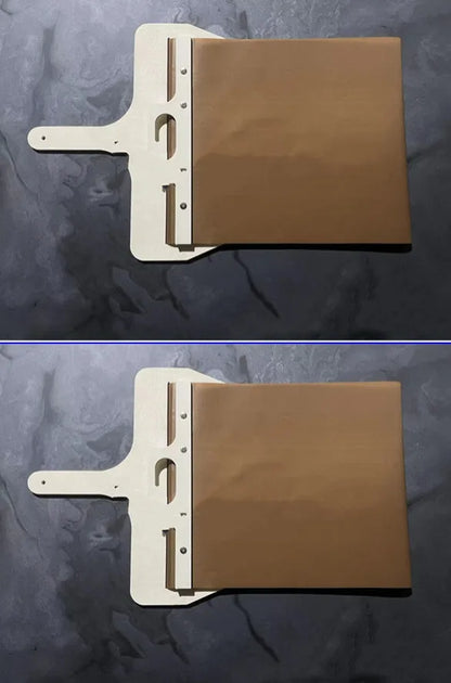 Wooden sliding pizza peel storage board in natural log colour with three size options.