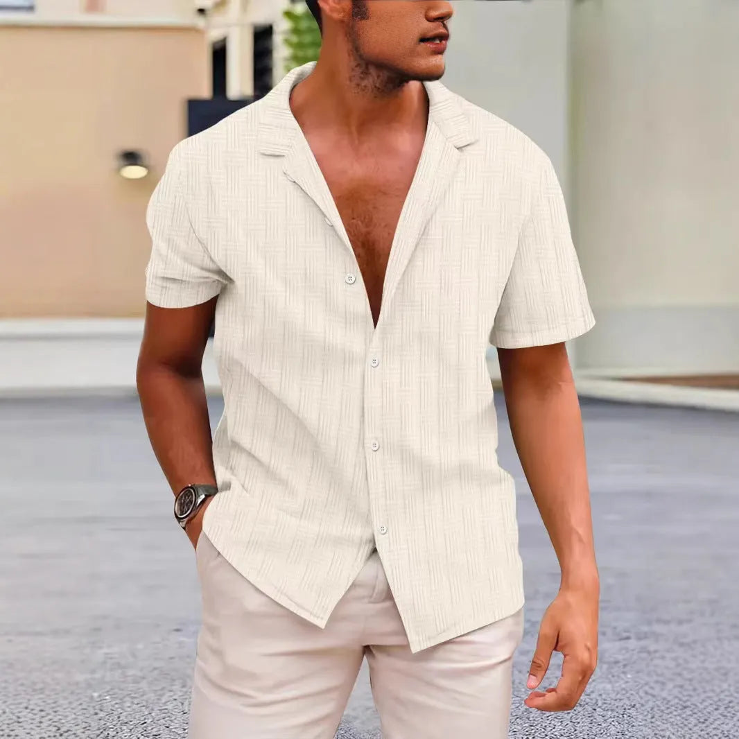 Short sleeve corduroy shirt in apricot colour showing British style casual design.