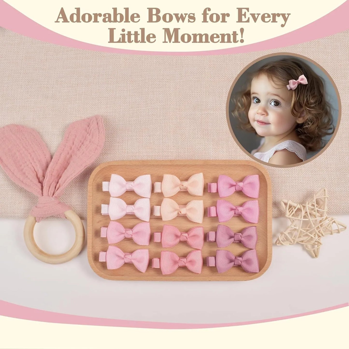 Assortment of pastel-coloured baby hair clips and bows with no-slip grips on a white background.
