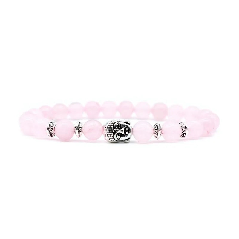 Unisex amethyst bracelet with a detailed Buddha head charm in one of five gemstone colours.