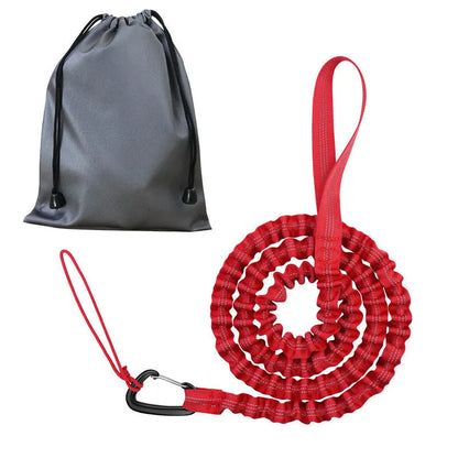 Bicycle hand holding rope with metal carabiner clips for parent-child bike towing in four colours.