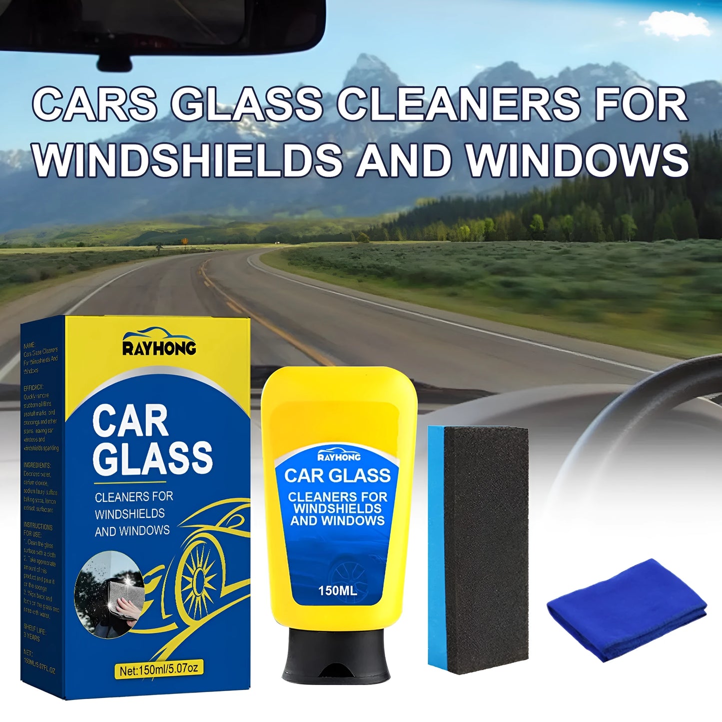 150ml windshield automotive detergent defogging spray bottle with a sponge and microfibre cloth for car window cleaning.