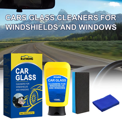 150ml windshield automotive detergent defogging spray bottle with a sponge and microfibre cloth for car window cleaning.
