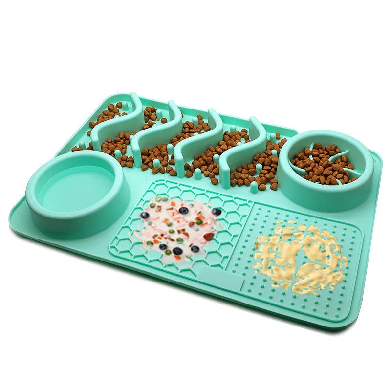 Premium silicone pet licking pad in various colours, designed to slow down eating and promote dental health for dogs