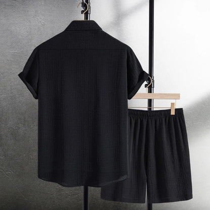 Men's white cotton blend jacquard short sleeve shirt and shorts casual suit set