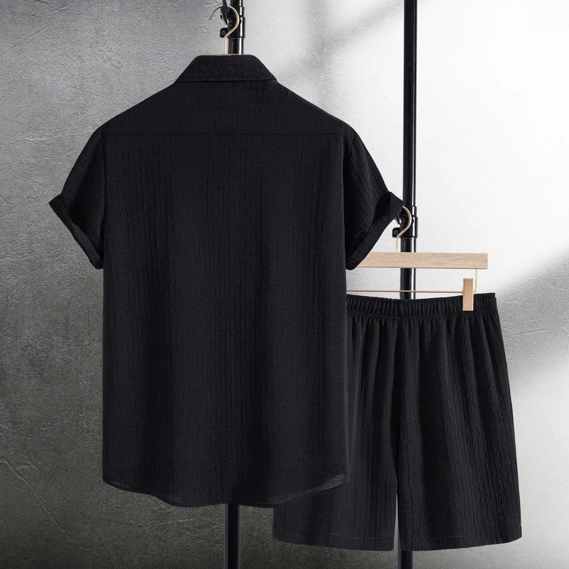 Men's casual fashion jacquard short sleeve shirt and shorts suit in cotton blend fabric, available in Asian sizes S, M, L, XL, XXL, with short sleeve top and shorts length trousers, suitable for leisure wear in white or black colour