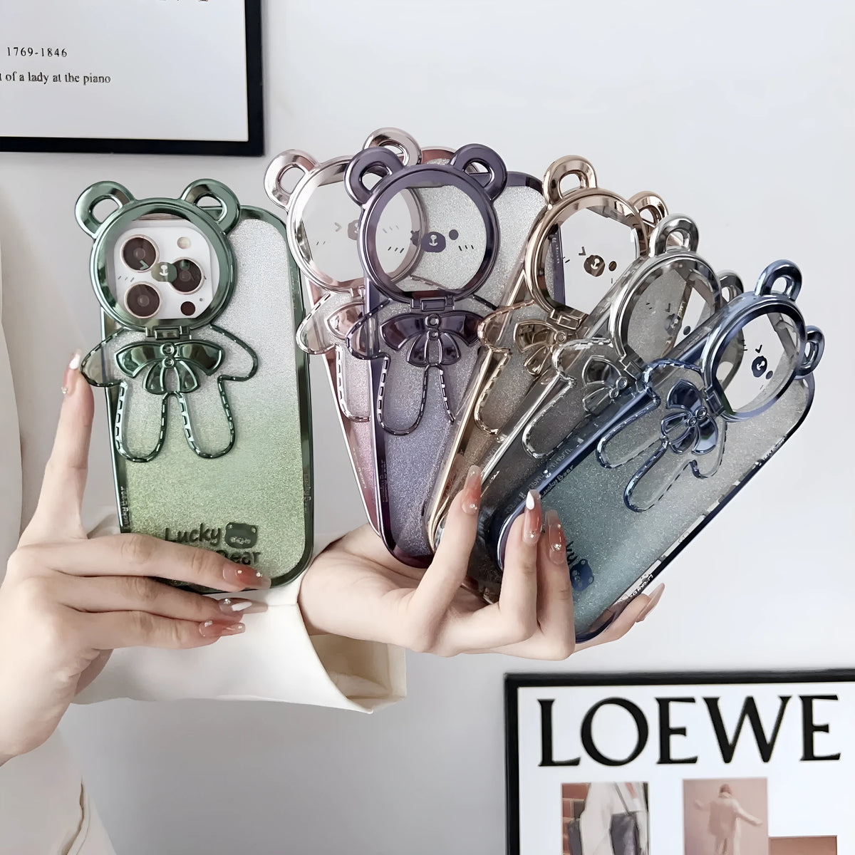 Electroplating glitter phone case with lucky bear bracket and crossbody bag element in Dark Night Purple, Gold or Pink