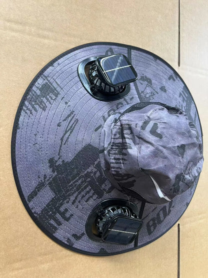 Men's grey solar fan cap with large peak and integrated cooling fans on the front.