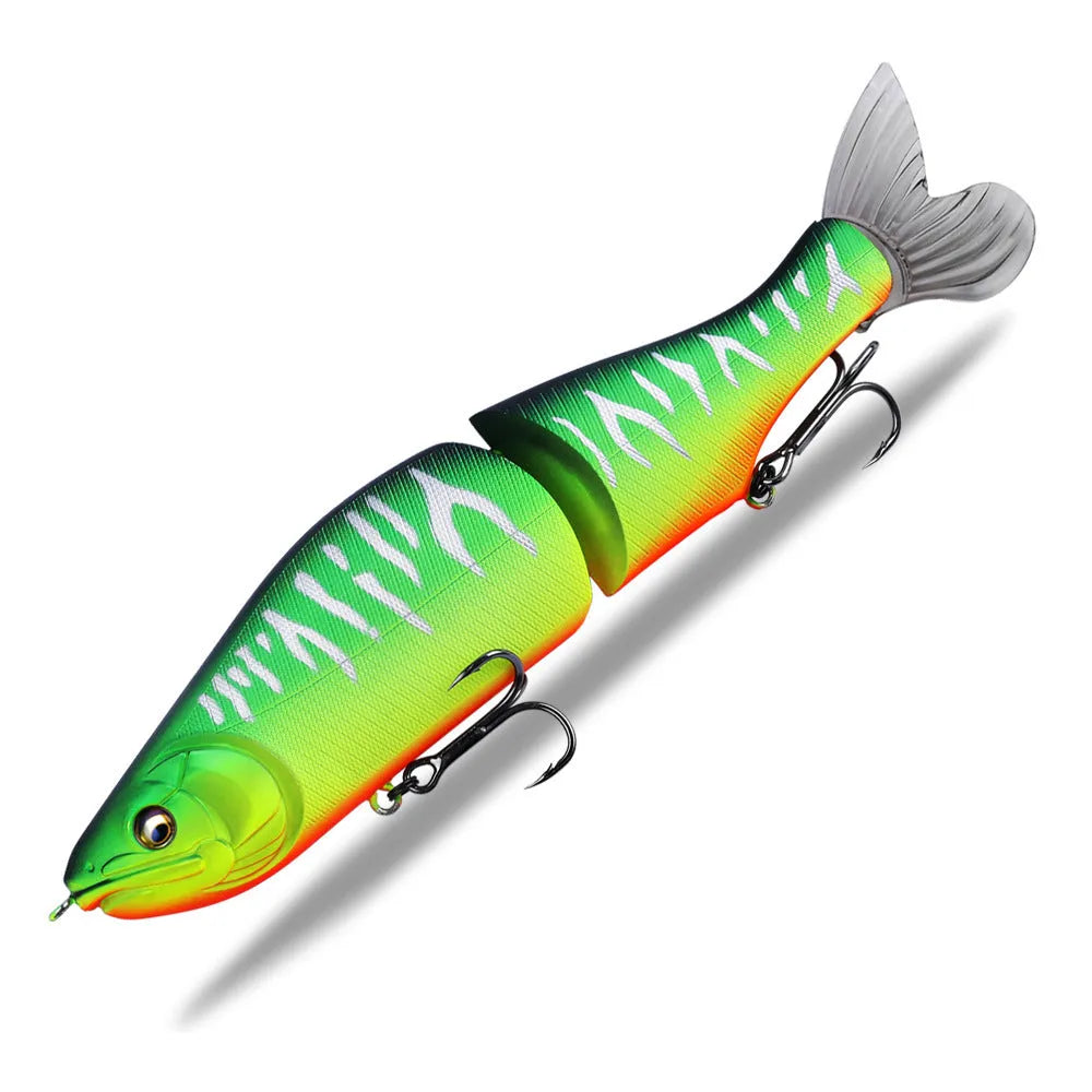 A 185mm hard plastic fishing swim bait in a natural green colour with detailed scales and 3D eyes.