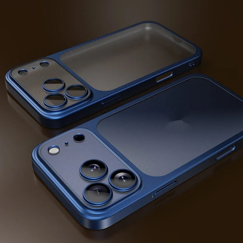 Frosted electroplating PC phone case for iPhone 17 in orange, showing all-inclusive drop-resistant design.