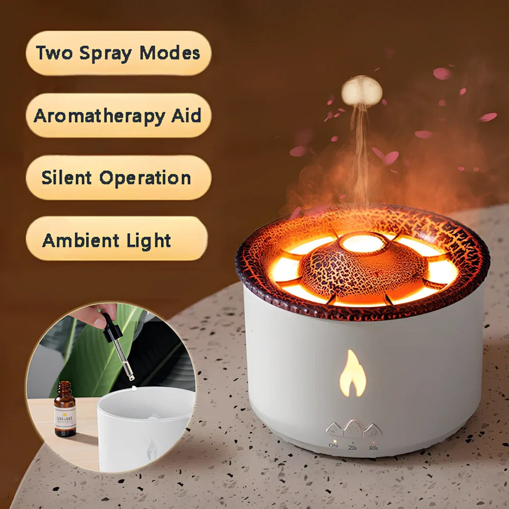 Black columnar ultrasonic humidifier with volcano flame effect and jellyfish smoke rings emerging from mist