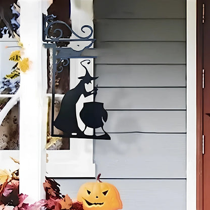 Halloween metal courtyard decoration with witch cauldron silhouette measuring 26x18cm