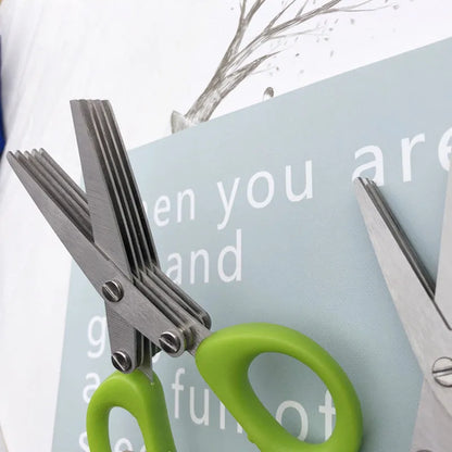 Stainless steel kitchen scissors with five parallel blades for cutting green onions and herbs