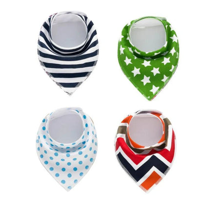 Set of four cotton baby bibs with arrow and wave designs for mess-free feeding