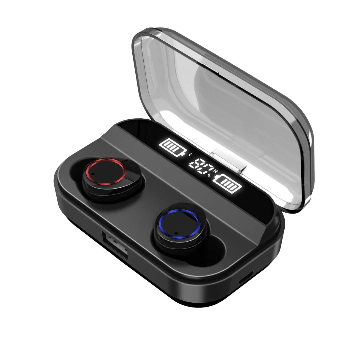 Black X11 true wireless Bluetooth earbuds with touch controls and a matching charging case.