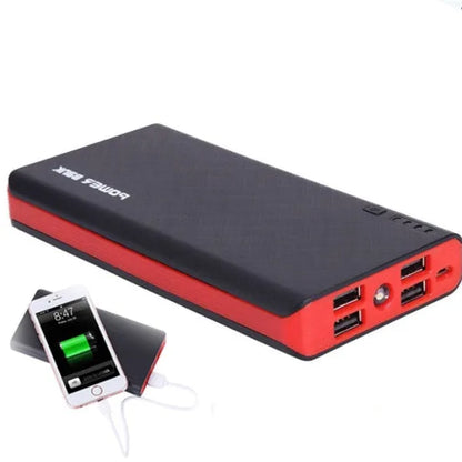 20000mAh power bank in blue measuring 145x68x22mm with USB port for charging mobile devices