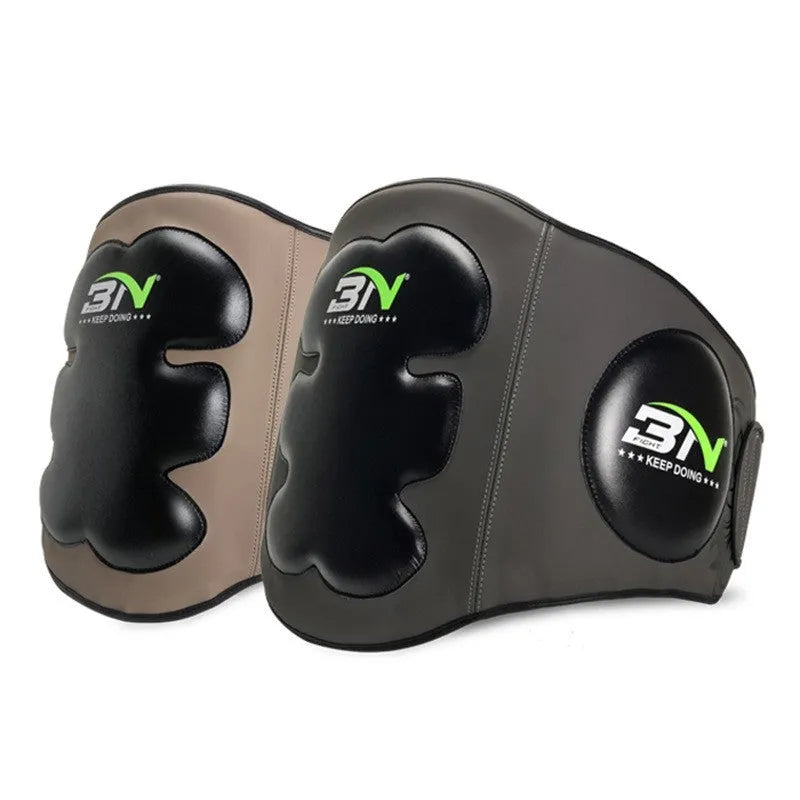 Sanda boxing breast protection target in dark grey showing waist and chest coverage for martial arts training