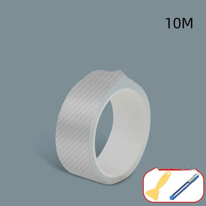 Carbon fibre grain transparent anti-collision protection strip roll for car doors with scraper and utility knife.