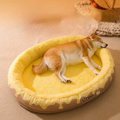 Grey washable dog bed with a detachable cover shown next to a yellow one, sized for a small to medium dog.