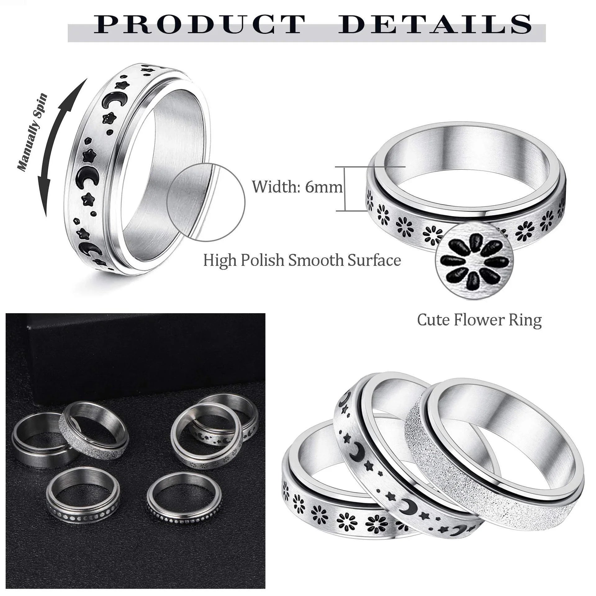 Rotatable stainless steel spinner ring with moon and star designs for anxiety relief and style