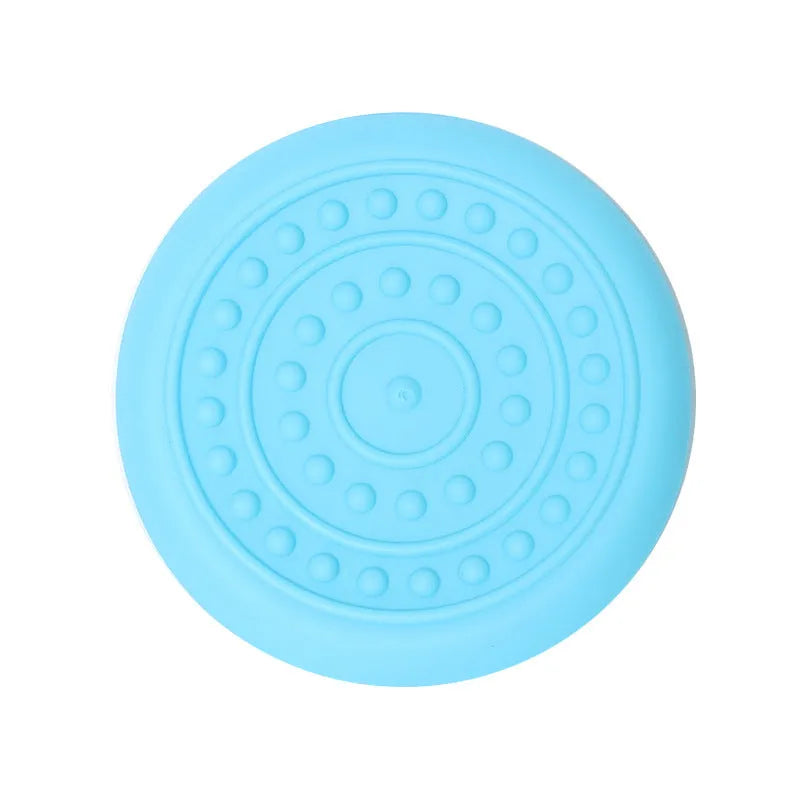 Plastic rubber Frisbee dog toy in green, large size, for outdoor fetch.