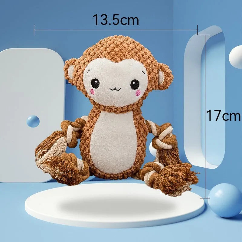 Plush monkey and lion squeaky dog toys on a white background, showing sizes 17x13.5cm and 9x12cm