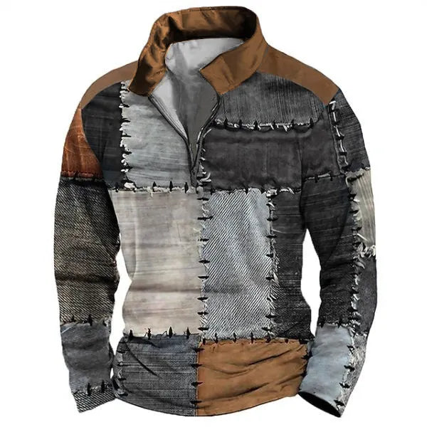 Men's retro striped long sleeve golf polo shirt with zipper decoration detail in bird eye cloth polyester