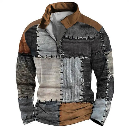 Men's retro striped long sleeve golf polo shirt with zipper decoration detail in bird eye cloth polyester