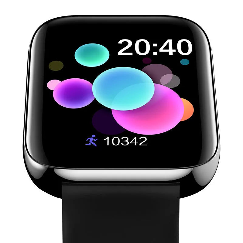 Smart bracelet with touch screen on a silicone wrist strap, showing Bluetooth call and blood pressure display.